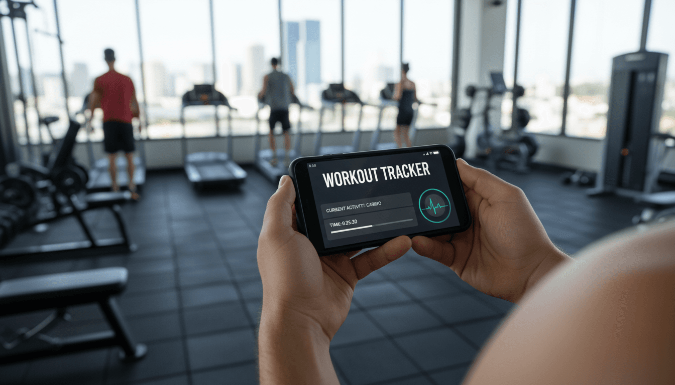 Person holding smartphone with fitness app in gym