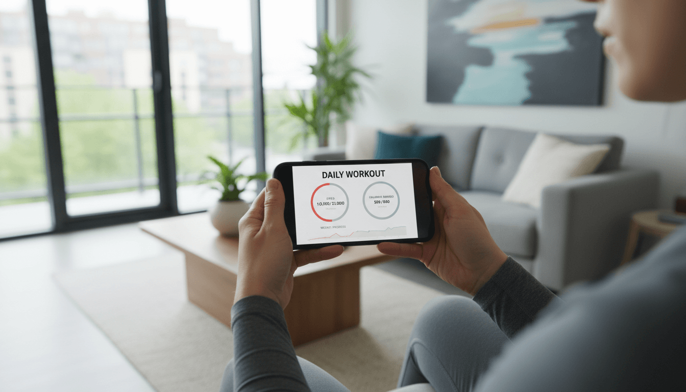 Person holding a smartphone showing a fitness app in a bright modern room