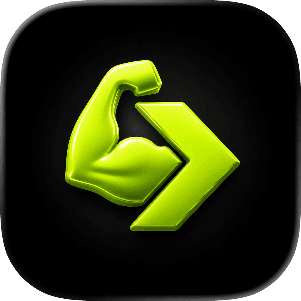Glossy neon green 3D icon of a flexing bicep merged with a forward arrow.